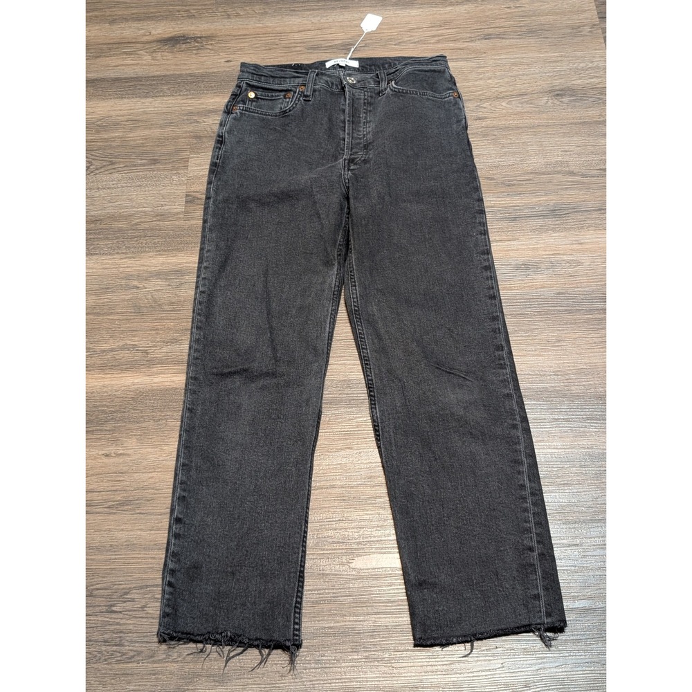 RE/DONE High Rise Wide Leg Jeans Faded Black‎ Raw Hem Size 28 Cotton Denim